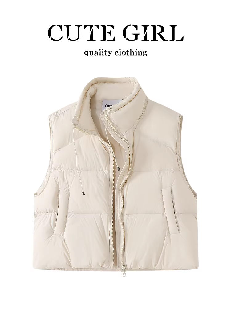 CuteGirl phong cách Hàn Quốc đơn giản màu trắng nhạt cổ đứng áo vest dành cho nữ mùa đông áo ghi lê không tay áo khoác hàng đầu