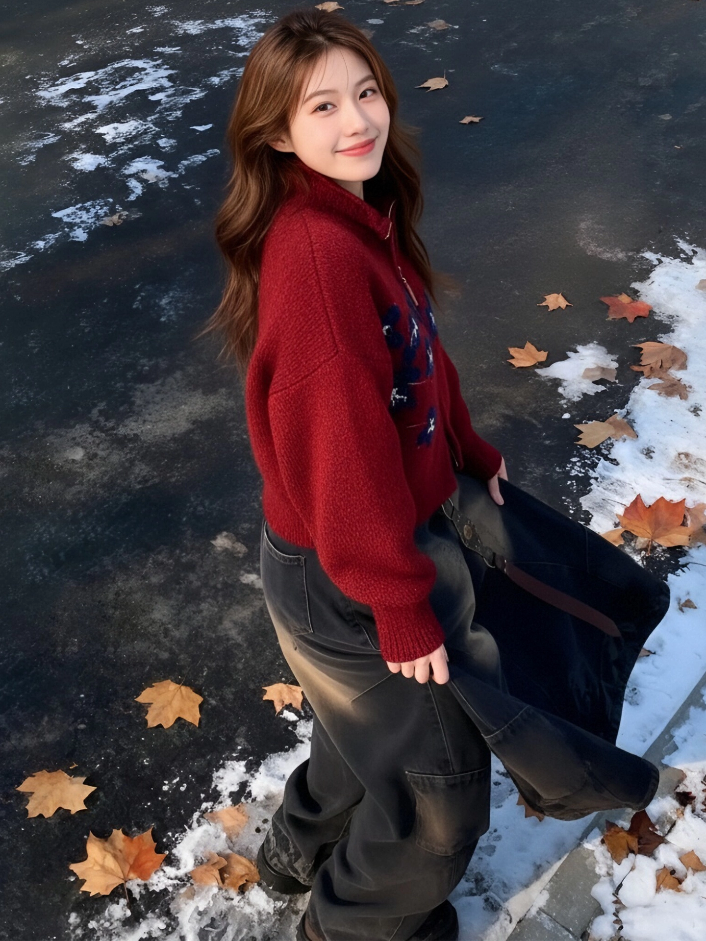 Áo khoác len có cổ có khóa kéo màu đỏ phong cách Hàn Quốc của CuteGirl dành cho nữ, áo len dệt kim dáng rộng mềm mại và đa năng mùa thu đông