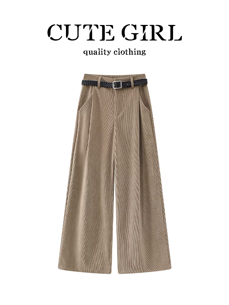 Quần ống rộng vải nhung màu kaki cổ điển CuteGirl dành cho nữ, mùa thu đông, quần ống đứng giảm béo lưng cao thanh lịch