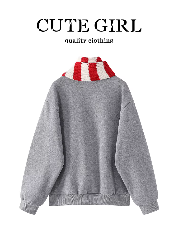 Áo len cổ tròn cổ tròn phong cách retro Hàn Quốc có khăn choàng cổ dành cho nữ, mùa thu đông, áo cao cấp, dáng rộng, giản dị và đa năng