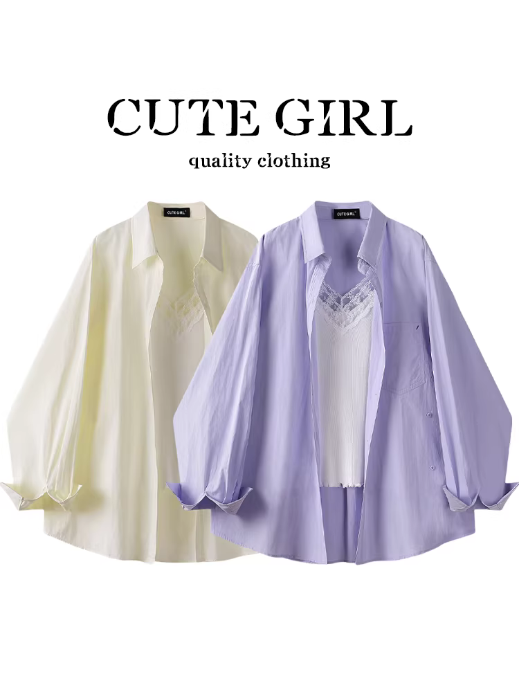Bộ trang phục mùa hè phong cách Hàn Quốc CuteGirl dành cho nữ, áo hai dây ren trắng và áo chống nắng màu tím Bộ hai món
