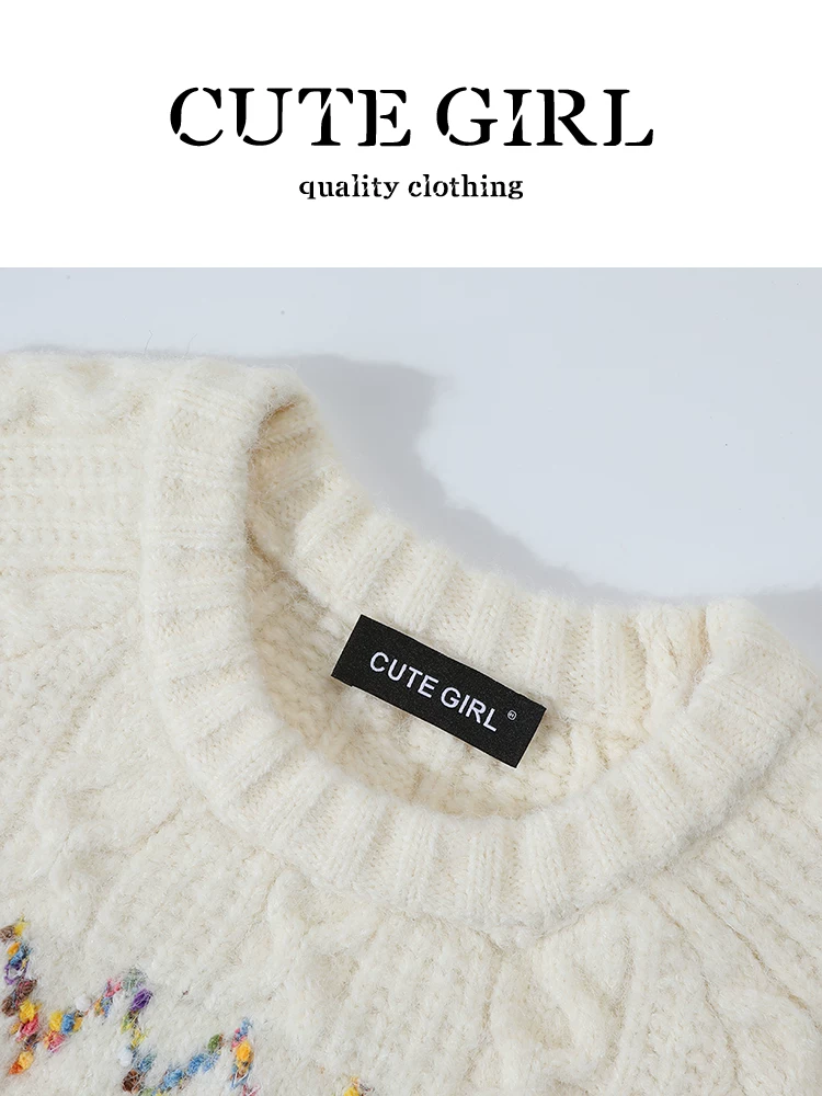 Áo len cổ tròn jacquard phối màu cổ điển CuteGirl dành cho nữ, thiết kế mùa đông, dáng rộng, giản dị, đa năng, áo giảm tuổi tác