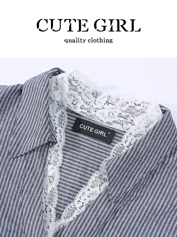 Áo sơ mi cổ chữ V sọc phối ren phong cách Hàn Quốc dành cho nữ, thiết kế mùa thu, dáng rộng và đa năng, áo sơ mi giả hai mảnh