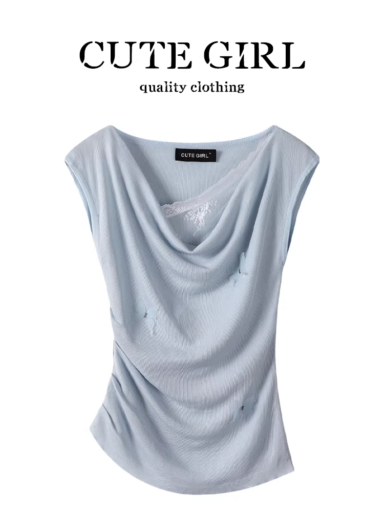 Áo thun ngắn tay màu xanh cổ tròn phối ren phong cách Pháp dễ thương dành cho nữ, áo ôm eo độc đáo và đẹp mắt cho mùa hè.