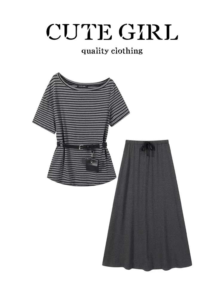 Bộ trang phục giảm tuổi tác mùa hè CuteGirl dành cho nữ, áo thun ngắn tay lệch vai sọc và váy hai mảnh giảm béo