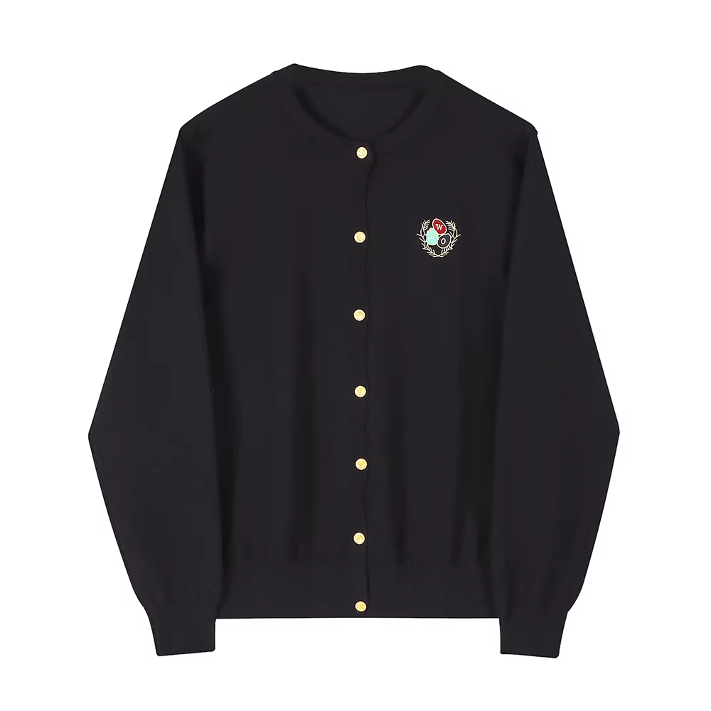 Áo khoác cardigan dệt kim thêu đen phong cách preppy CuteGirl dành cho nữ, áo khoác ngoài dài tay mới mùa xuân thu 2025