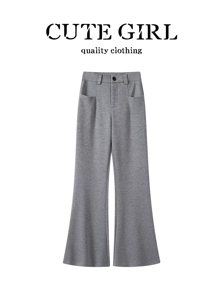 Quần ống rộng kiểu Hàn Quốc màu xám dành cho nữ, thiết kế mùa thu, cạp cao, tôn dáng, quần thường ngày đa năng