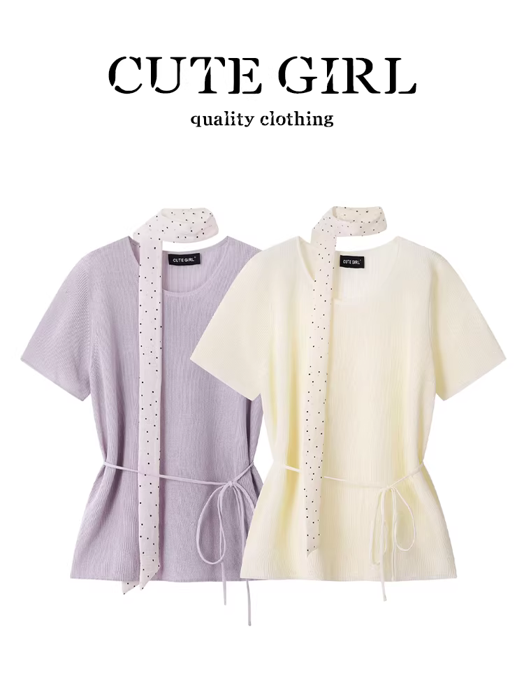 Phong cách dịu dàng của CuteGirl, áo thun ngắn tay dệt kim giảm tuổi tác dành cho nữ, phong cách đồng quê mùa hè, áo thun buộc dây đơn giản ôm eo