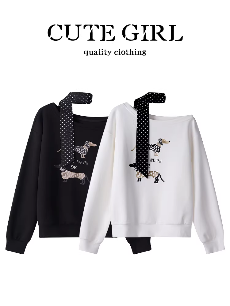 Áo len trễ vai in hình chú chó con màu trắng lấy cảm hứng từ thiết kế CuteGirl dành cho nữ, áo dáng rộng và đa năng, độc đáo, giảm tuổi tác mùa thu