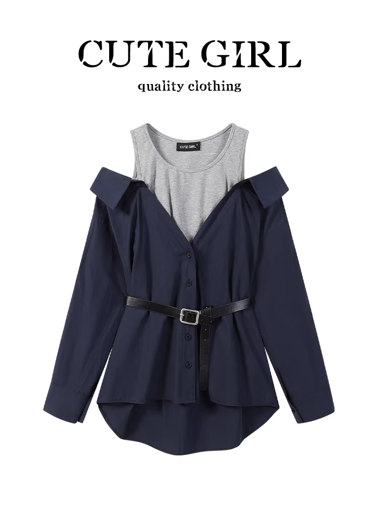 Áo sơ mi dài tay lệch vai giả hai mảnh phong cách Hàn Quốc dành cho nữ, thiết kế mùa thu, ôm eo, giảm béo, áo đi làm đa năng.