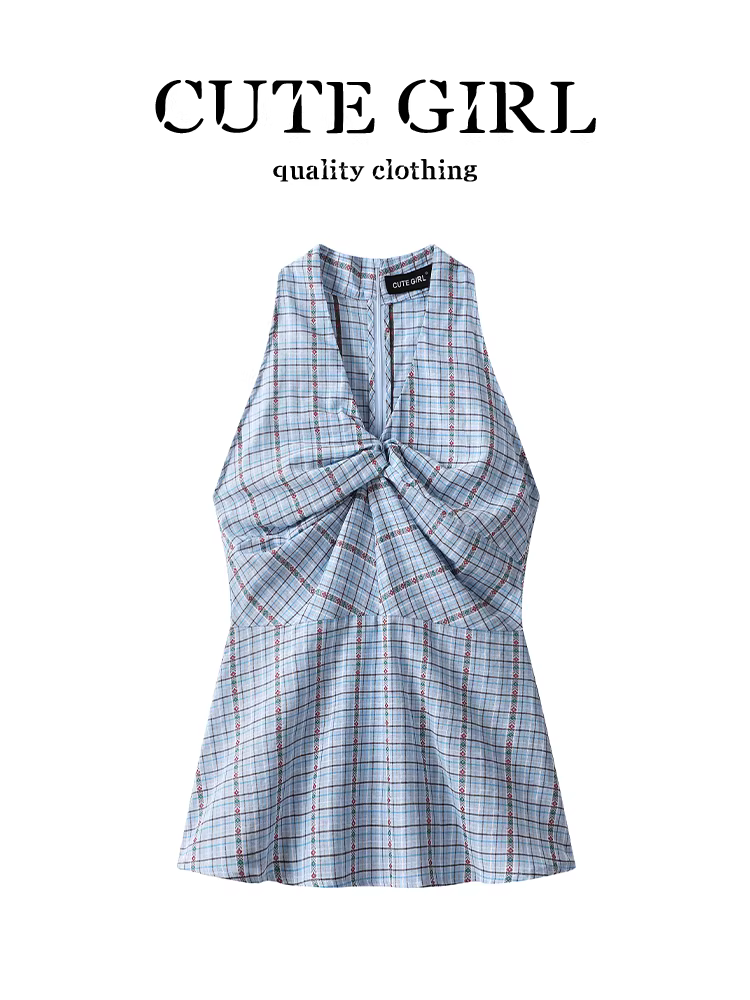 Áo vest không tay kẻ sọc xanh cổ chữ V thanh lịch phong cách Hàn Quốc dành cho nữ, áo bó eo độc đáo và sang trọng cho mùa hè.