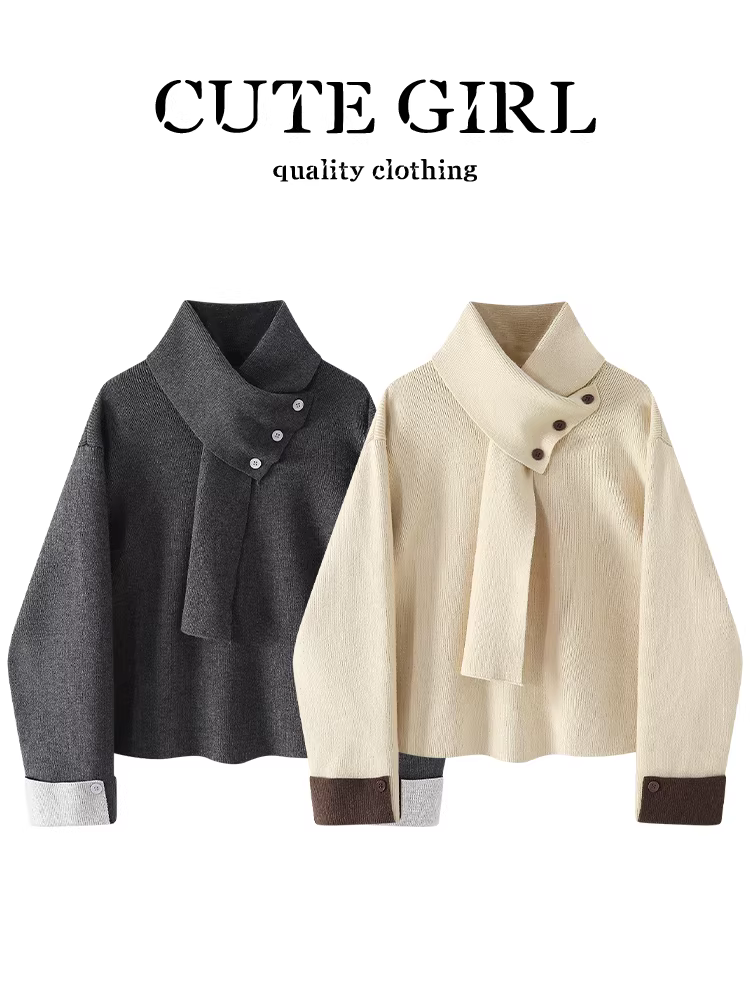 Áo len màu mơ cổ điển của CuteGirl có khăn quàng cổ dành cho nữ, mùa thu đông, thanh lịch, dáng rộng, đa năng, giảm tuổi tác
