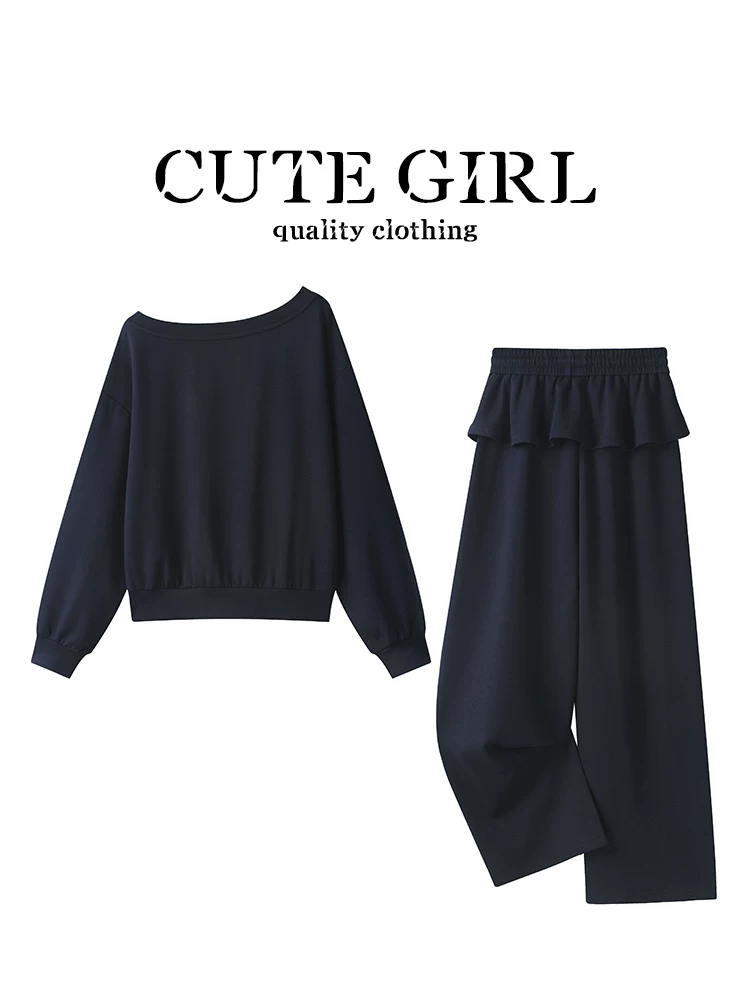 Bộ đồ hai mảnh áo thun nữ tay phồng thêu chữ CuteGirl phối quần ren buộc dây phong cách thường ngày mùa xuân