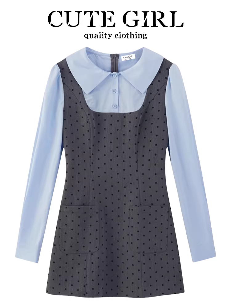 CuteGirl phong cách preppy vá váy hai mảnh giả hai mảnh không tay chấm bi dành cho nữ, váy chữ A dáng nhỏ mùa xuân