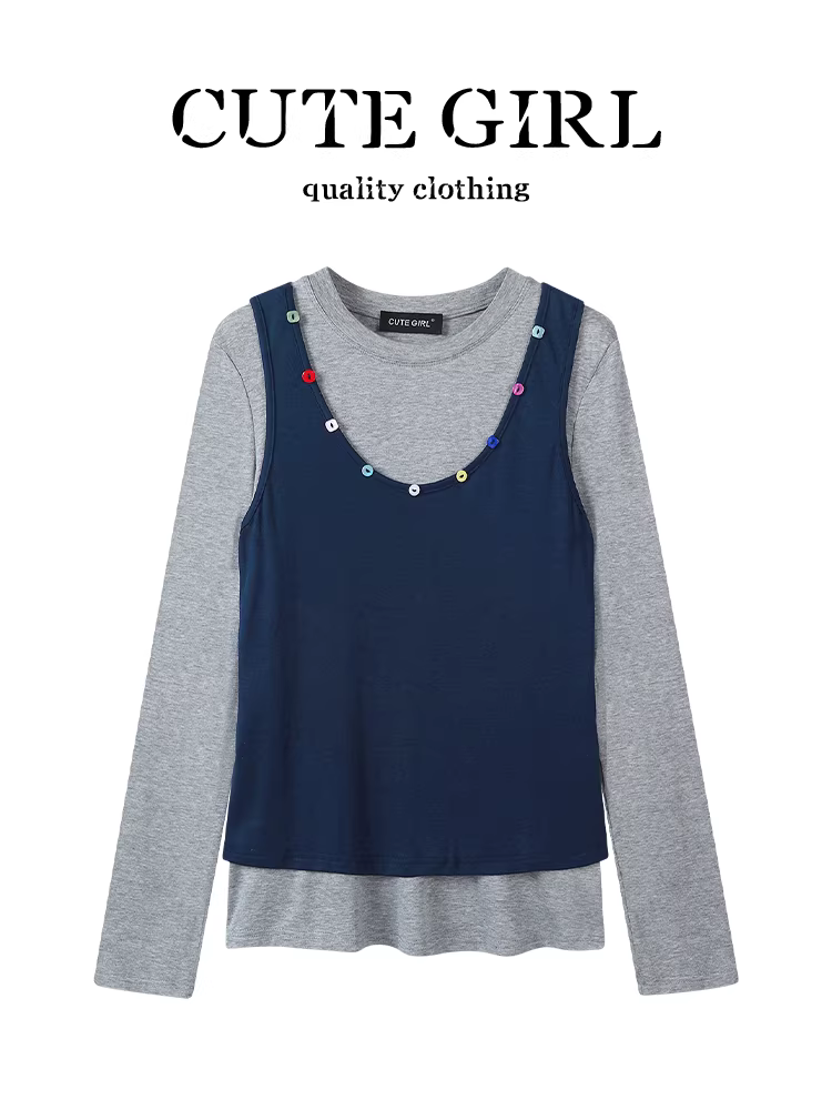 Bộ áo thun dài tay màu xám phong cách Hàn Quốc và áo vest không tay dành cho nữ, mùa thu, thanh lịch, dáng rộng, áo xếp lớp đa năng