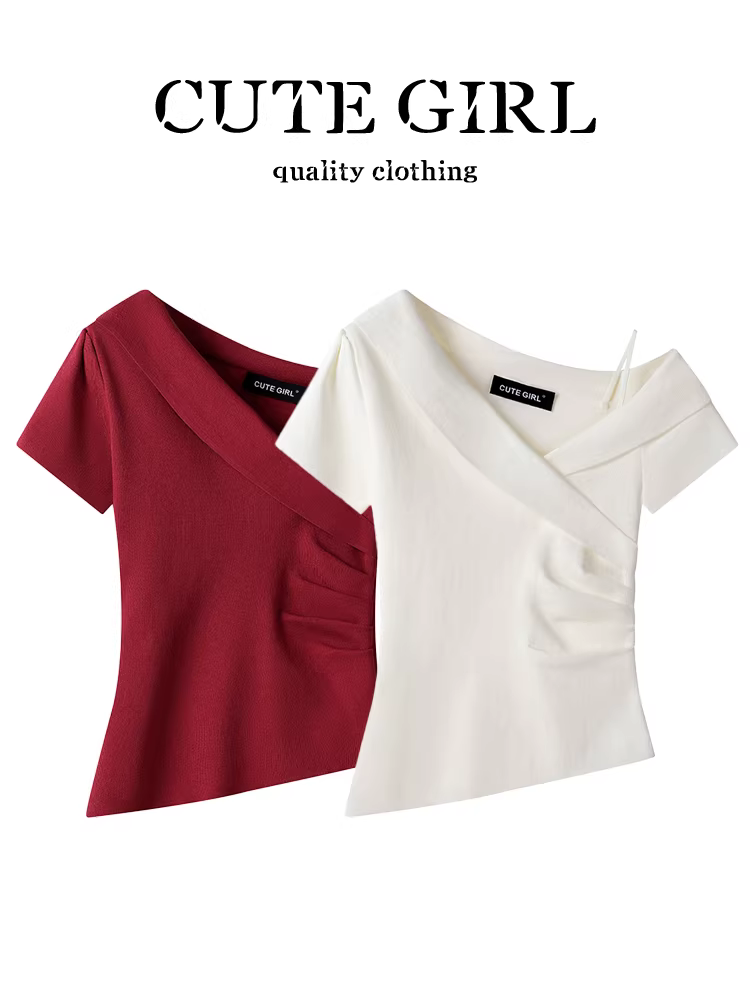 Áo thun ngắn tay lệch vai màu trắng phong cách Pháp dễ thương dành cho nữ trong mùa hè, áo xếp ly eo thon tuyệt đẹp