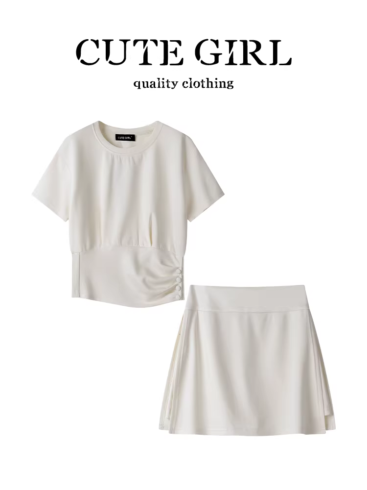 Bộ trang phục cao cấp và sành điệu của CuteGirl dành cho nữ, áo thun ngắn tay màu mơ mùa hè và váy chữ A, bộ đồ hai mảnh giản dị