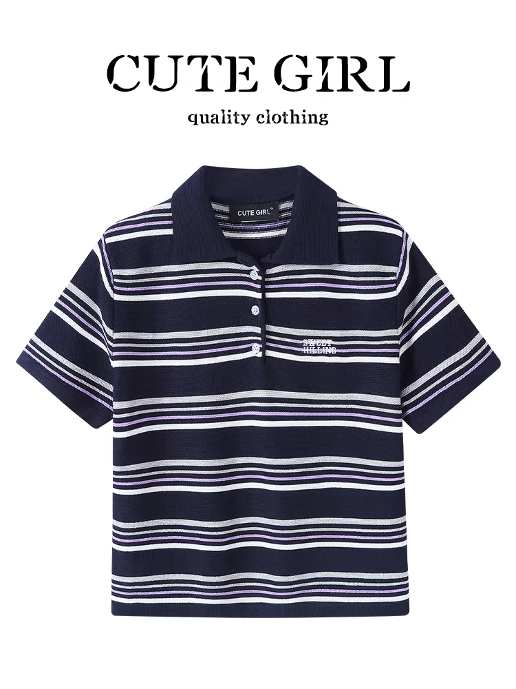 Áo thun ngắn tay cổ polo sọc cổ điển của CuteGirl dành cho nữ trong mùa hè, áo dáng rộng, giản dị và đa năng