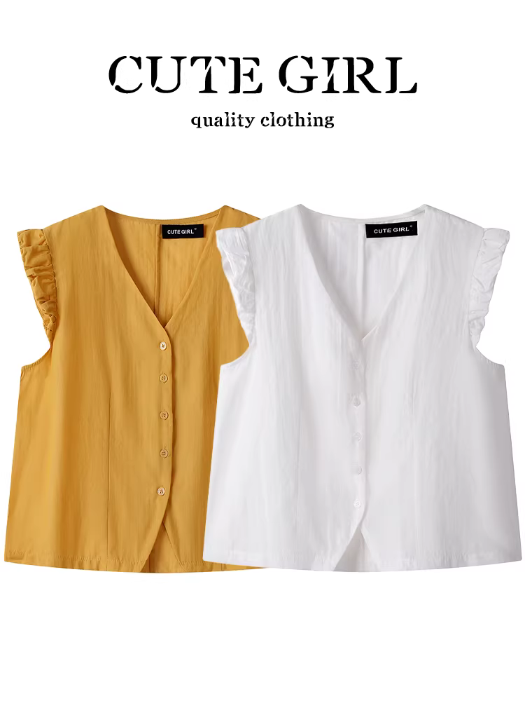 Áo sơ mi tay bồng cổ chữ V màu trắng phong cách Hàn Quốc dễ thương dành cho nữ, áo ngắn mùa hè đa năng hợp thời trang trẻ trung