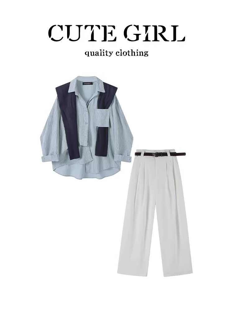 Bộ đồ cao cấp và sành điệu của CuteGirl dành cho nữ, áo sơ mi dài tay màu xanh mùa thu có khăn choàng và quần thường ngày, bộ hai mảnh