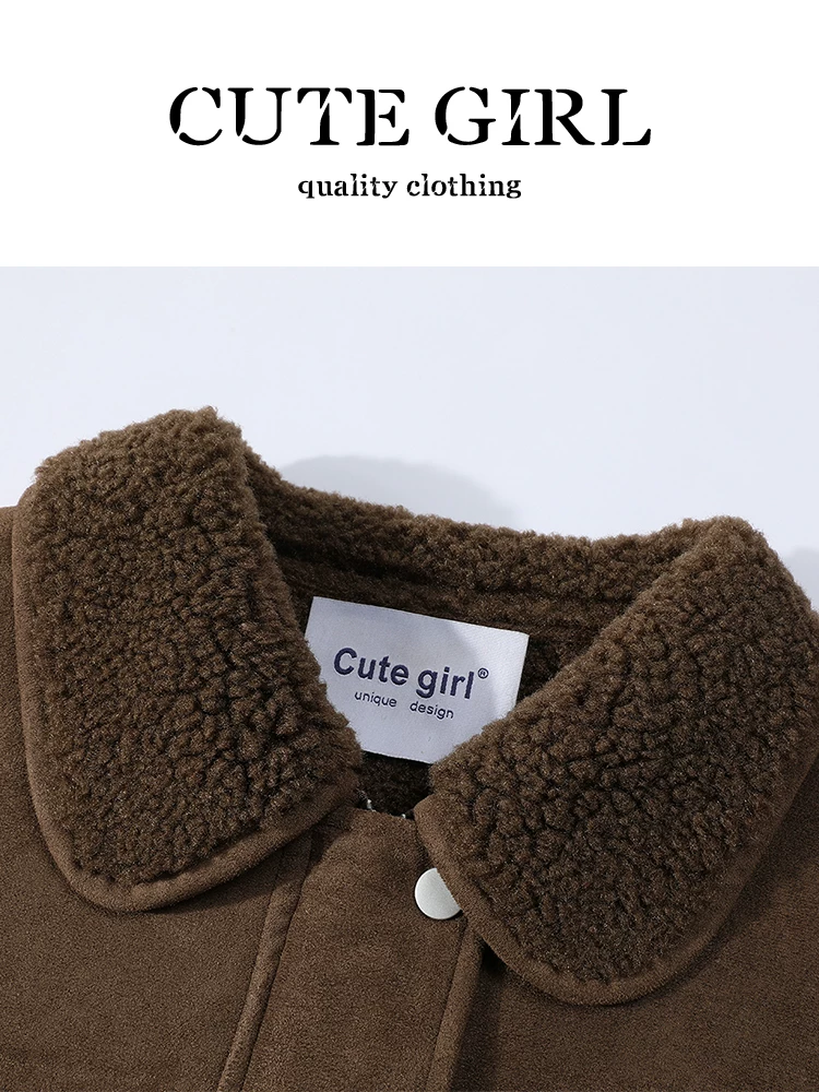 Áo khoác da lộn len cừu màu cà phê cổ điển của CuteGirl dành cho nữ, áo khoác dáng rộng cao cấp mùa thu đông