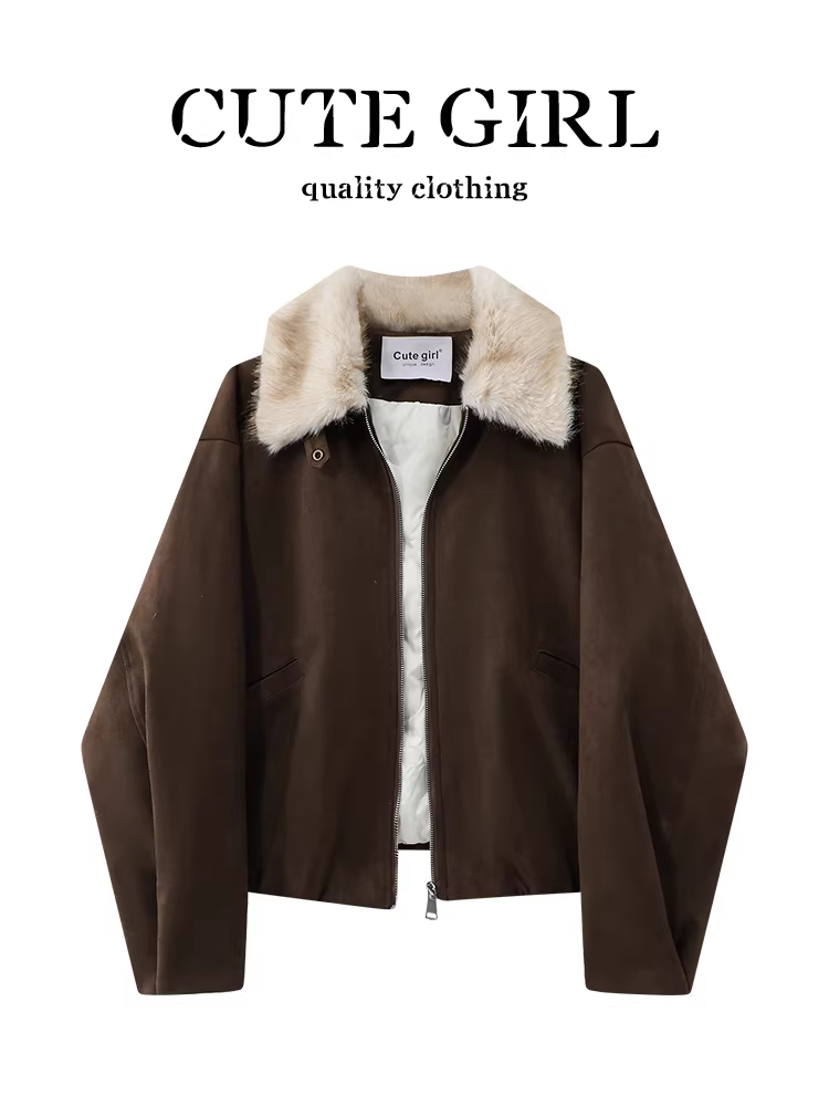 Áo khoác da lộn cổ lông màu cà phê CuteGirl Melard dành cho nữ, mùa thu đông, sành điệu, dáng rộng, đa năng, áo khoác giảm béo