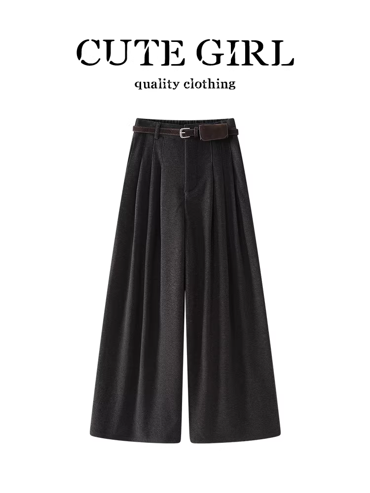 Quần ống rộng bằng len màu xám đậm phong cách retro CuteGirl dành cho nữ trong mùa thu đông, quần ống rộng và đa năng, quần ống thẳng có xếp nếp