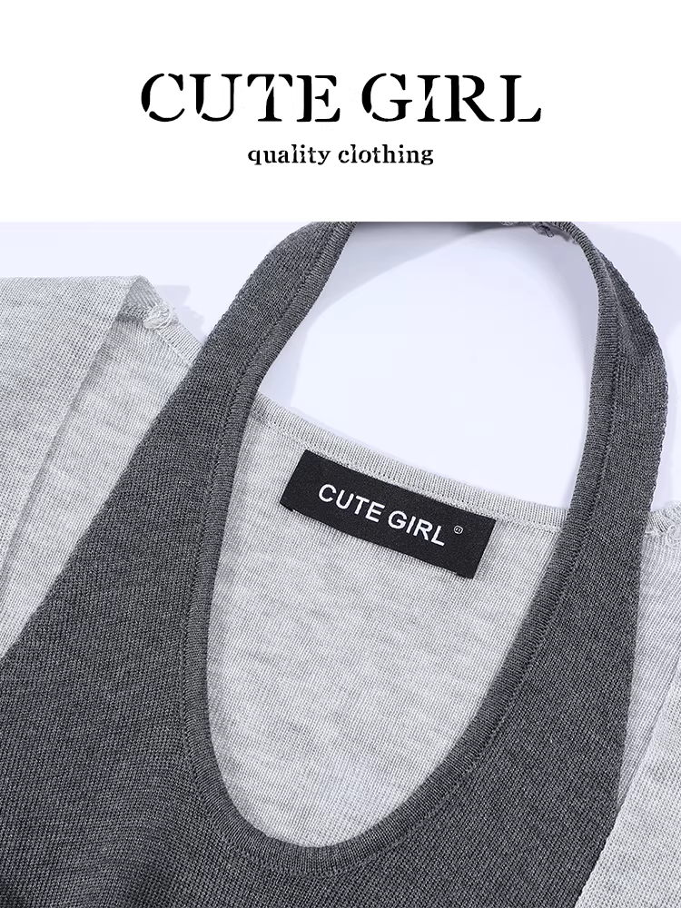 Áo thun ngắn tay dệt kim cổ yếm xoắn độc đáo theo phong cách Hàn Quốc dành cho nữ, áo hai mảnh giả phối màu mùa hè