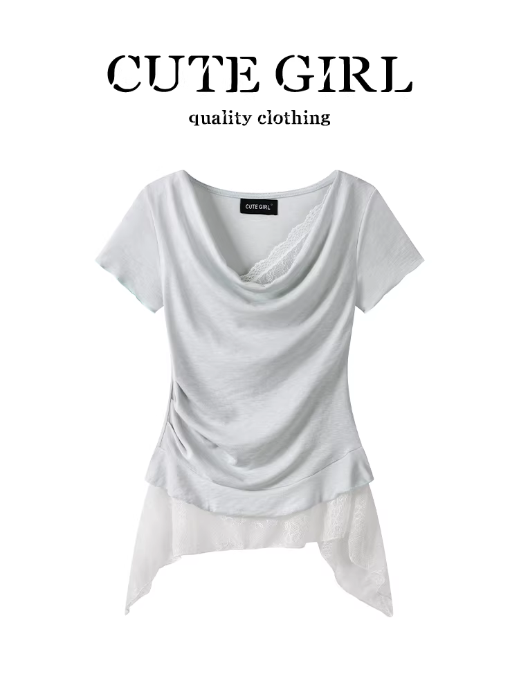 Áo thun ngắn tay cổ tròn viền ren thiết kế dễ thương dành cho nữ mùa hè, kiểu dáng bất đối xứng, ôm eo