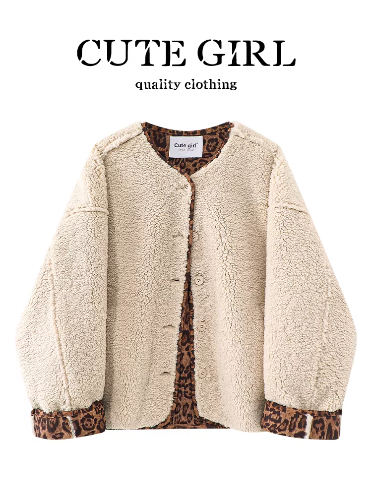 Áo khoác len cừu in họa tiết da báo màu sắc cao cấp có túi dành cho nữ, phong cách mùa thu, áo khoác rộng rãi và đa năng