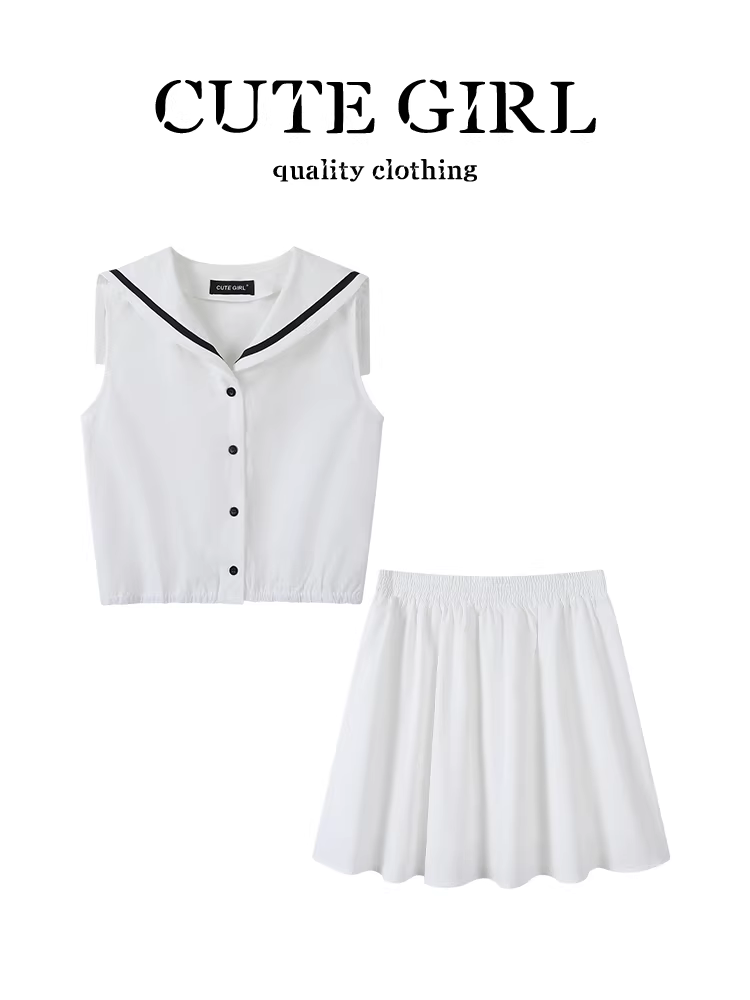 Bộ đồ hai mảnh dễ thương và thoải mái dành cho nữ, phong cách sinh viên mùa hè, áo cổ thủy thủ màu trắng và bộ váy