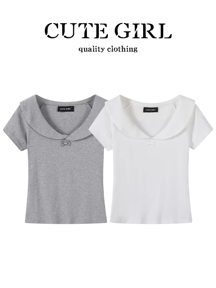 Áo thun ngắn tay cổ búp bê phong cách Hàn Quốc dễ thương dành cho nữ, áo thun ngắn tay màu trắng kiểu Hàn Quốc dành cho nữ, áo thun ngắn tay màu trắng kiểu Hàn Quốc mùa hè