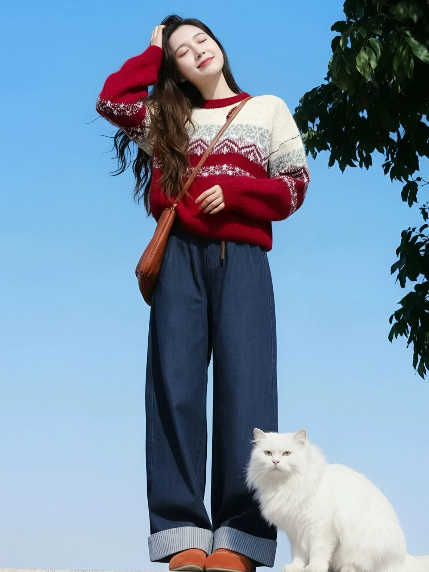 Áo len cổ tròn màu đỏ không khí Giáng sinh và năm mới của CuteGirl Fair Isle dành cho nữ, đồ dệt kim đa năng theo phong cách cổ điển mùa đông