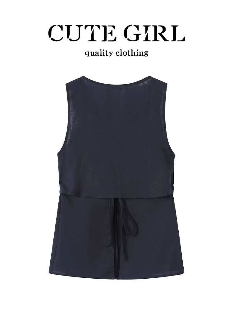 Áo vest không tay xếp ly cổ chữ V phong cách Pháp dành cho nữ, thiết kế mùa hè, áo kiểu dáng độc đáo và ôm dáng