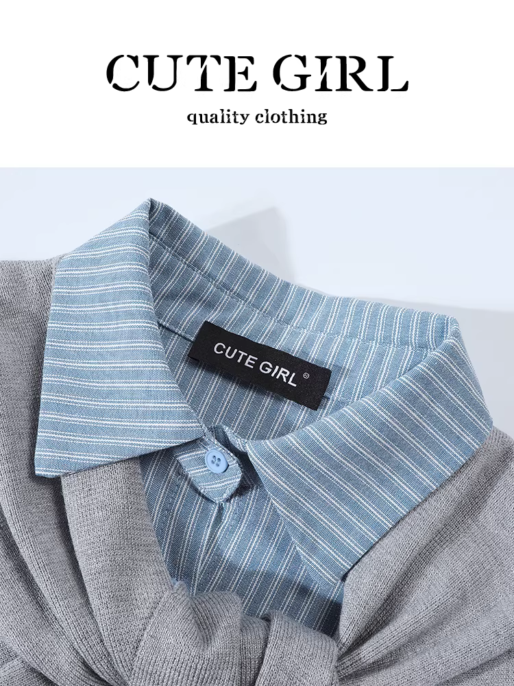 Áo sơ mi cổ polo sọc phong cách Hàn Quốc có khăn choàng cho nữ, thiết kế mùa thu, áo sơ mi dáng rộng đa năng