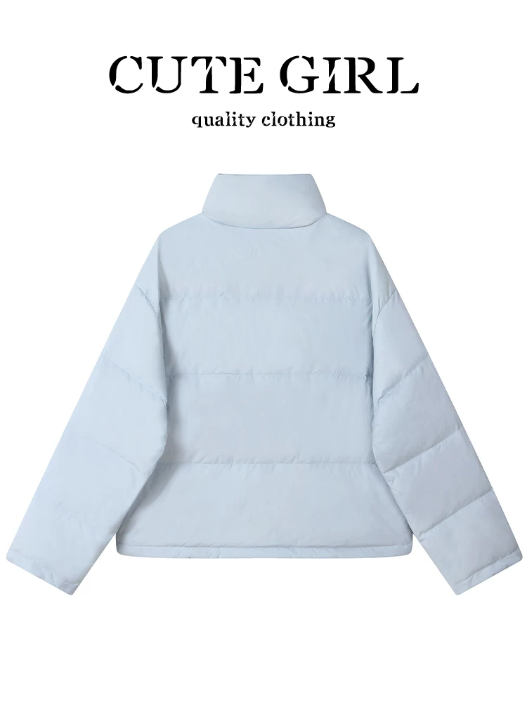 Áo khoác lông vũ có cổ đứng màu xanh lam phong cách Hàn Quốc dành cho nữ, mùa thu đông, áo khoác cotton ngắn thanh lịch, rộng rãi, đa năng.
