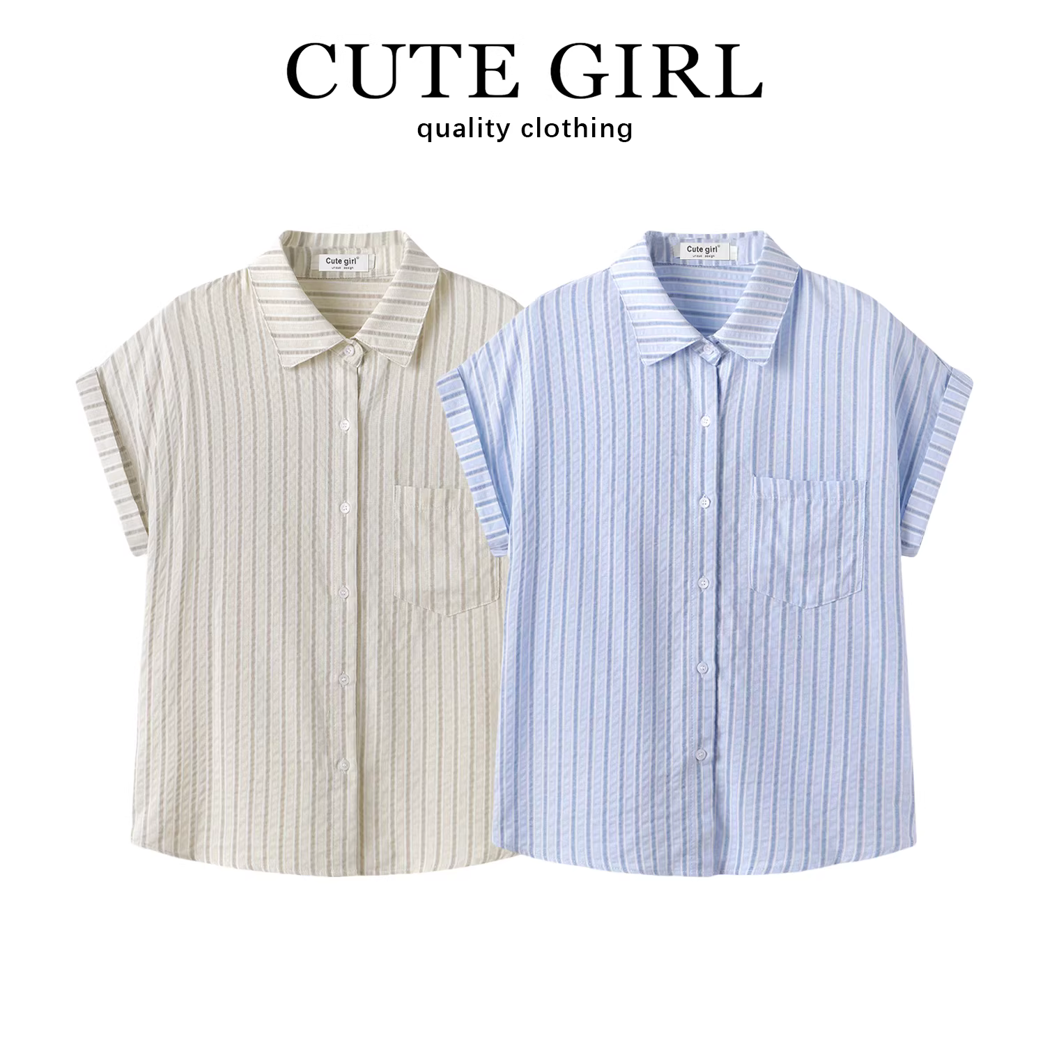 Áo sơ mi sọc ngắn tay màu xanh cổ điển phong cách Hồng Kông dành cho nữ, kiểu mới mùa hè 2025, áo sơ mi tay cuốn thanh lịch, hợp thời trang