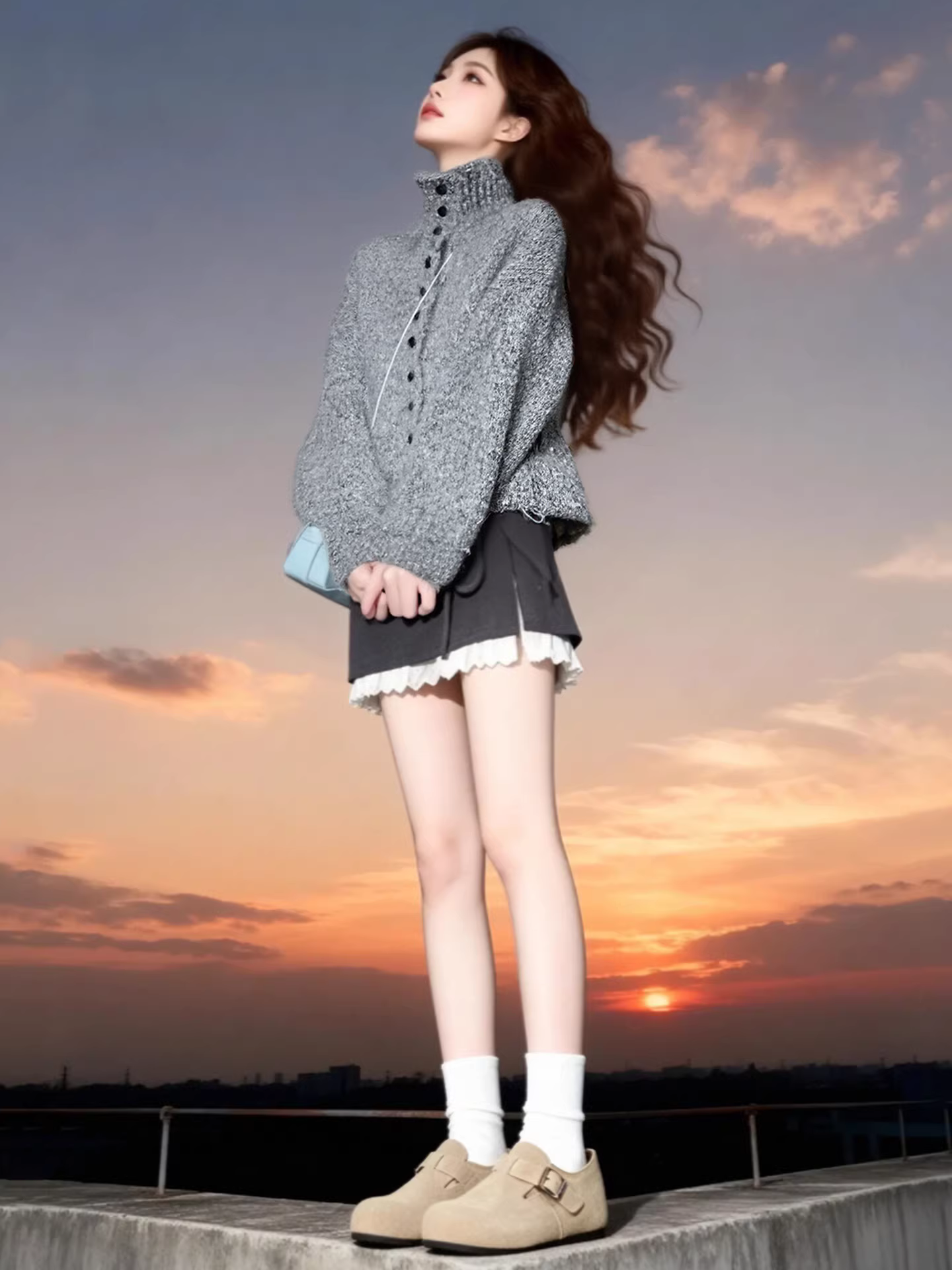 CuteGirl phong cách Hàn Quốc thanh lịch có ve áo kiểu dáng lười biếng áo len dệt kim màu xám dành cho nữ mùa đông áo len đa năng giảm béo