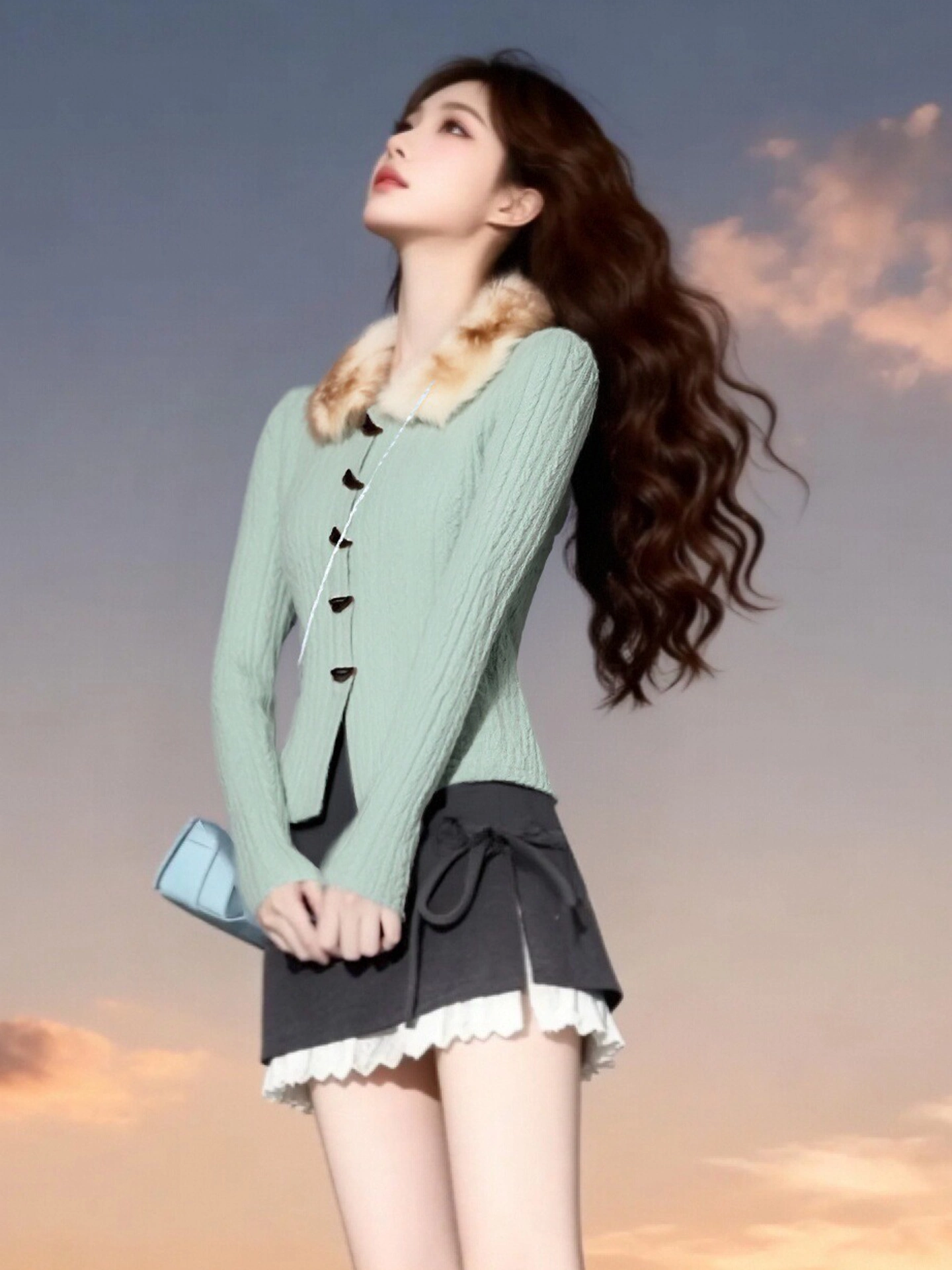 Áo len cardigan có cổ lông chắp vá màu xanh lá cây phong cách Hàn Quốc dành cho nữ, áo len dệt kim đa năng vừa vặn vào đầu mùa xuân