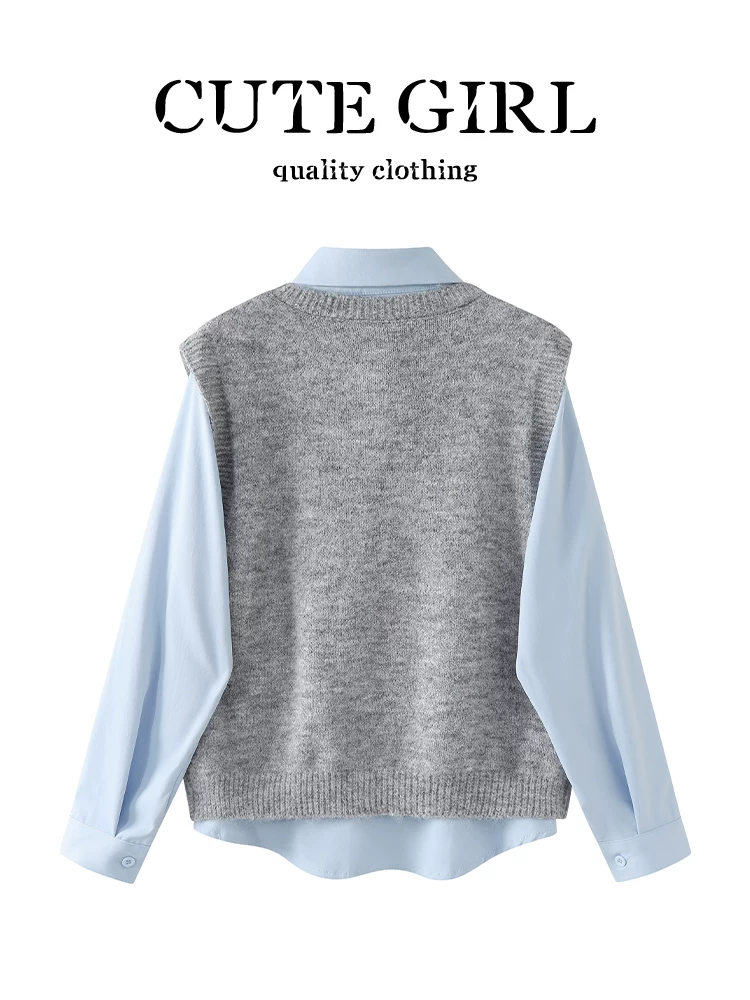 Áo sơ mi cổ polo màu xanh lấy cảm hứng từ thiết kế CuteGirl với áo vest dệt kim hoa dành cho nữ, áo sơ mi dáng rộng mùa thu đa năng giúp giảm tuổi tác