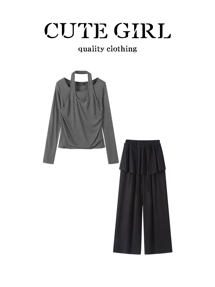 CuteGirl trông rất xinh trong bộ trang phục nhỏ nhắn này dành cho phụ nữ vào đầu mùa thu: áo thun dài tay cổ yếm có dây rút ở eo, quần âu.