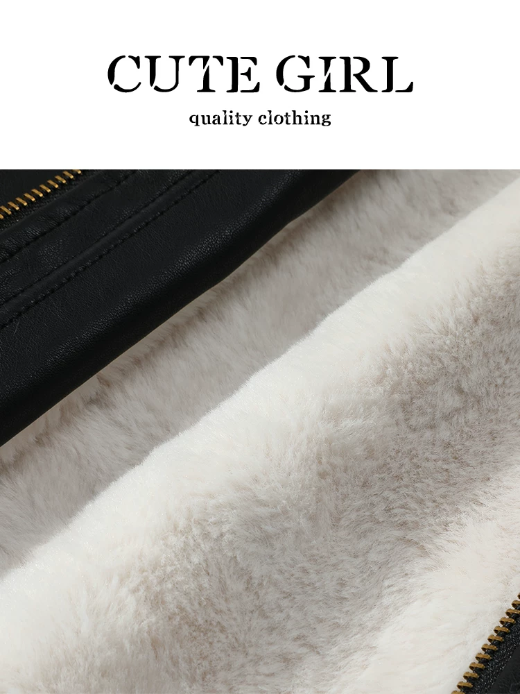 Áo khoác da lót lông cừu màu đen phong cách CuteGirl dành cho nữ, áo khoác dày dặn đa năng, dáng rộng, cao cấp mùa thu