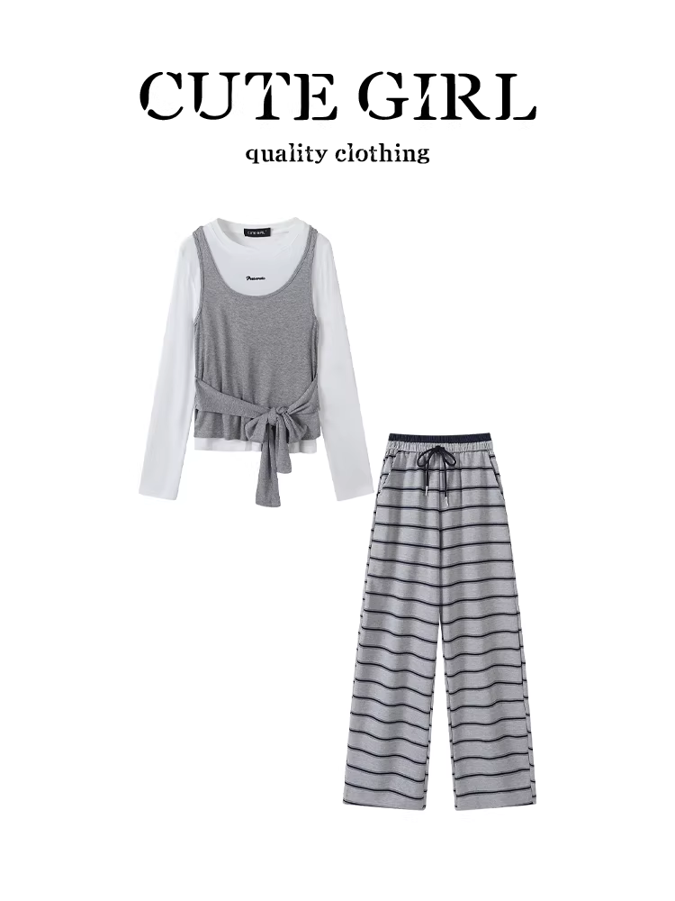 Bộ trang phục giảm tuổi tác CuteGirl dành cho nữ vào đầu mùa thu: áo ba lỗ buộc dây, áo thun dài tay, bộ quần ống rộng sọc