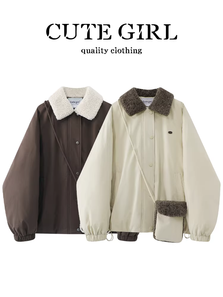Áo khoác len cừu có cổ phong cách CuteGirl dành cho nữ, mùa thu đông, áo khoác dáng rộng vừa vặn đa năng