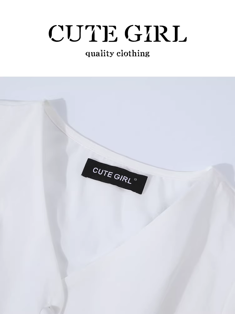 Áo sơ mi ngắn tay cổ chữ V thắt eo phong cách Pháp dễ thương dành cho nữ, áo tay phồng đa năng mùa hè