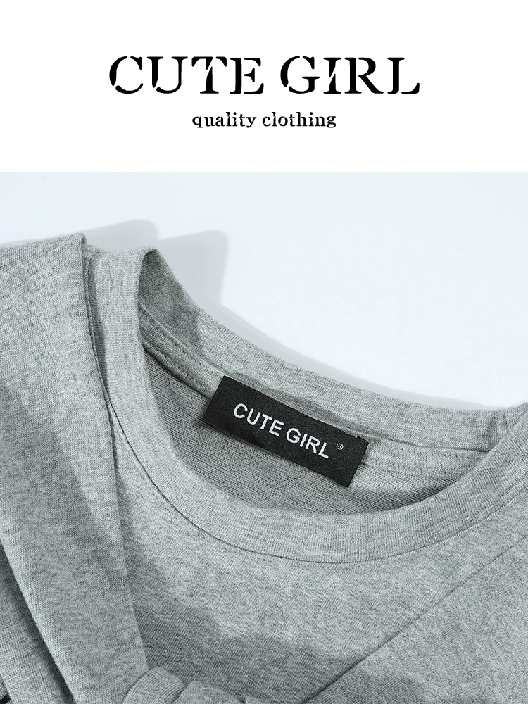 Áo thun ngắn tay giả hai mảnh màu xám phong cách Hàn Quốc CuteGirl dành cho nữ, thiết kế mùa hè, dáng rộng, giản dị, đa năng