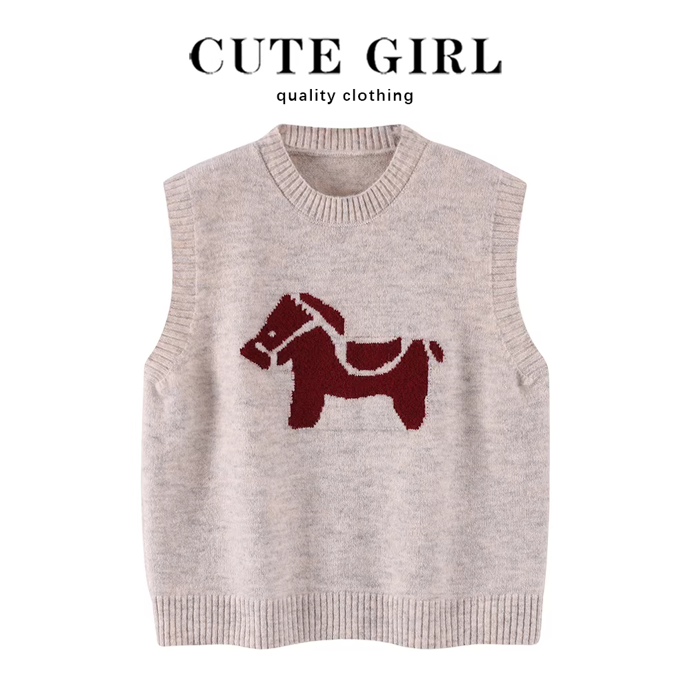 Áo gile thêu hình ngựa nhỏ dễ thương của CuteGirl dành cho nữ, mẫu mới xuân 2025, chất liệu len dệt kim
