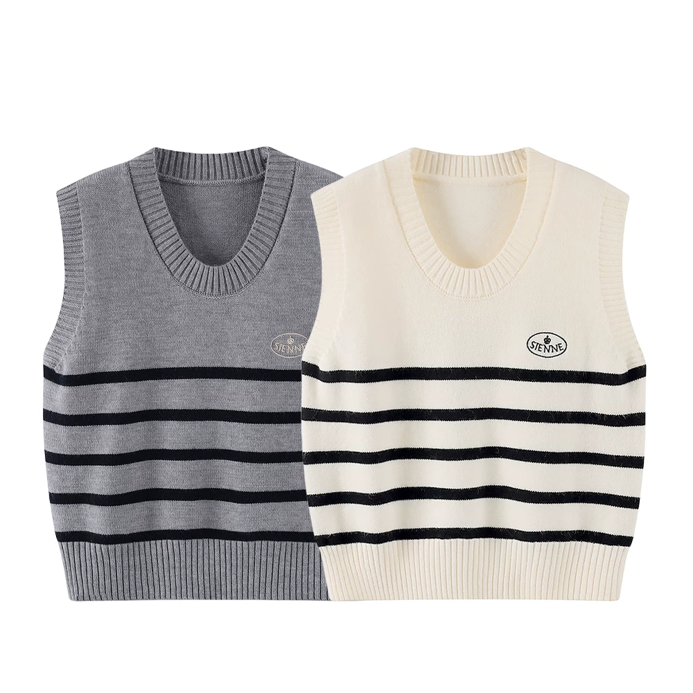 Áo vest dệt kim sọc cổ chữ V phong cách preppy CuteGirl dành cho nữ, áo vest mùa đông đa năng và giảm tuổi tác