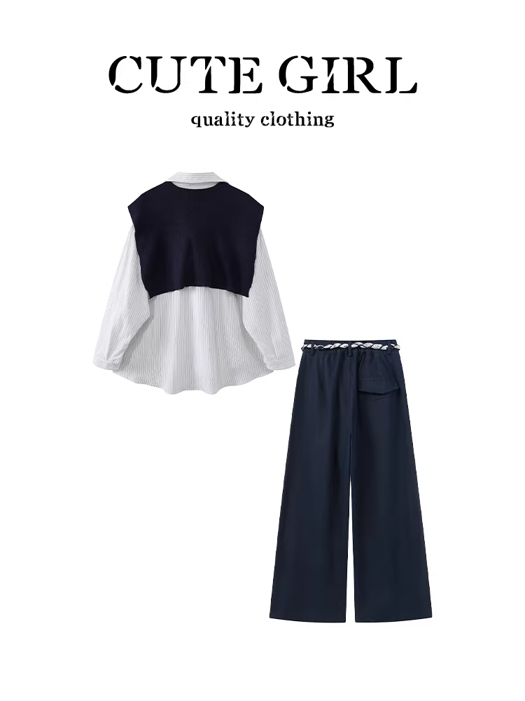 Bộ đồ hai mảnh kiểu Hàn Quốc dễ thương: áo sơ mi trắng dài tay có túi độc đáo và quần ống rộng lưng cao dáng dài dành cho nữ mùa thu