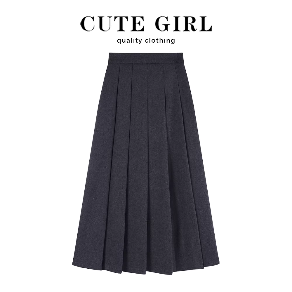 Váy len màu xám CuteGirl dành cho nữ, thu đông 2025, kiểu mới, cạp cao, ôm dáng, xếp ly, dáng chữ A